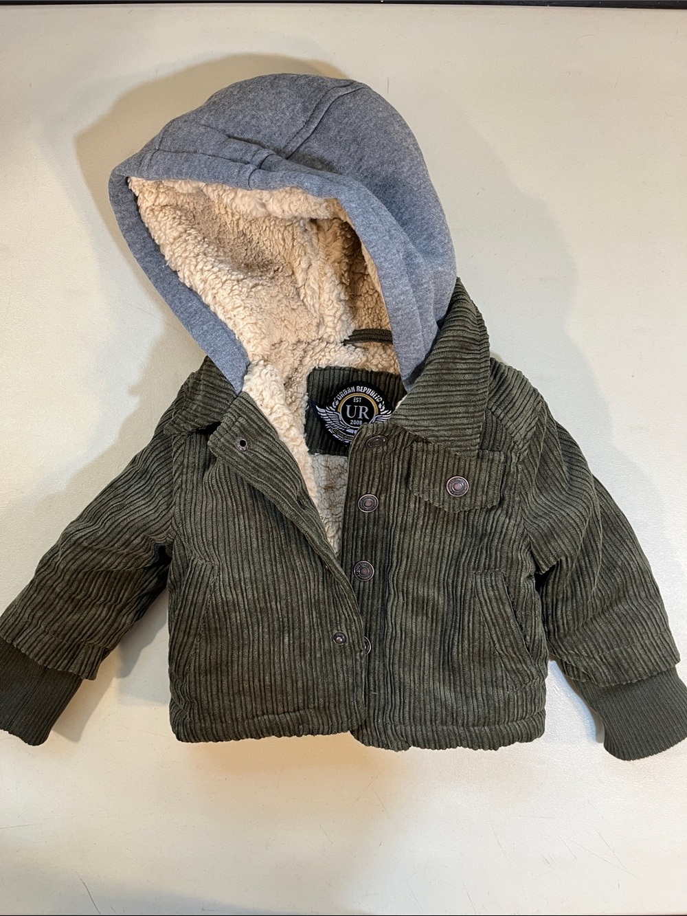 Urban Republic Olive Corduroy Puffer Jacket with Gray Hood and Sherpa Lining